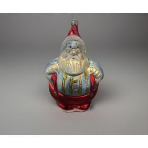 Vintage Germanyglass ornament Roly Poly Santa elf blue shirt suspenders  5" tall